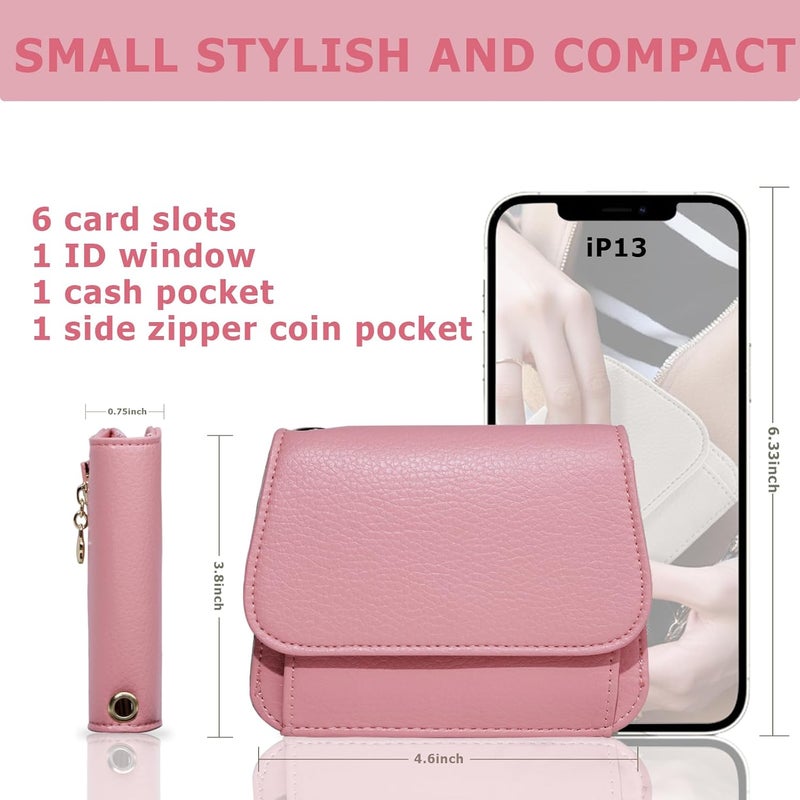 Sunpour Women Small Wallet RFID Blocking Slim Wallet with Coin Pocket Tri-Fold Credit Card Holder with ID Window and Keychain(Pink) - Image 2